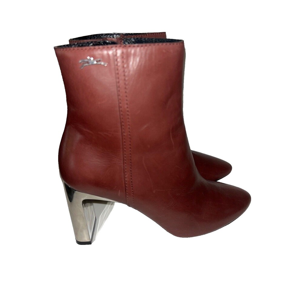 Longchamp NIB Women's Heeled Ankle Boots size 38/ 7.5 Burgundy Leather